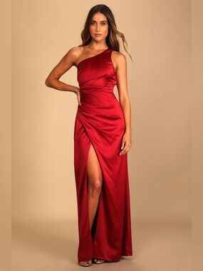Lulus - Dreaming of Elegance Wine Red Satin One-Shoulder Maxi Dress - M